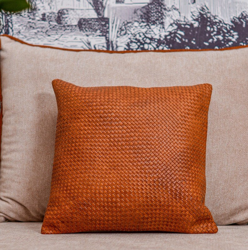 Braided genuine camel leather cushion