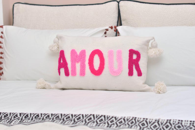 Pink cotton AMOUR embroidered cushion