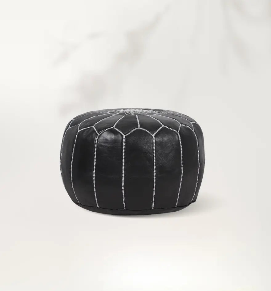 Pouf marocain en cuir fait main noir blanc