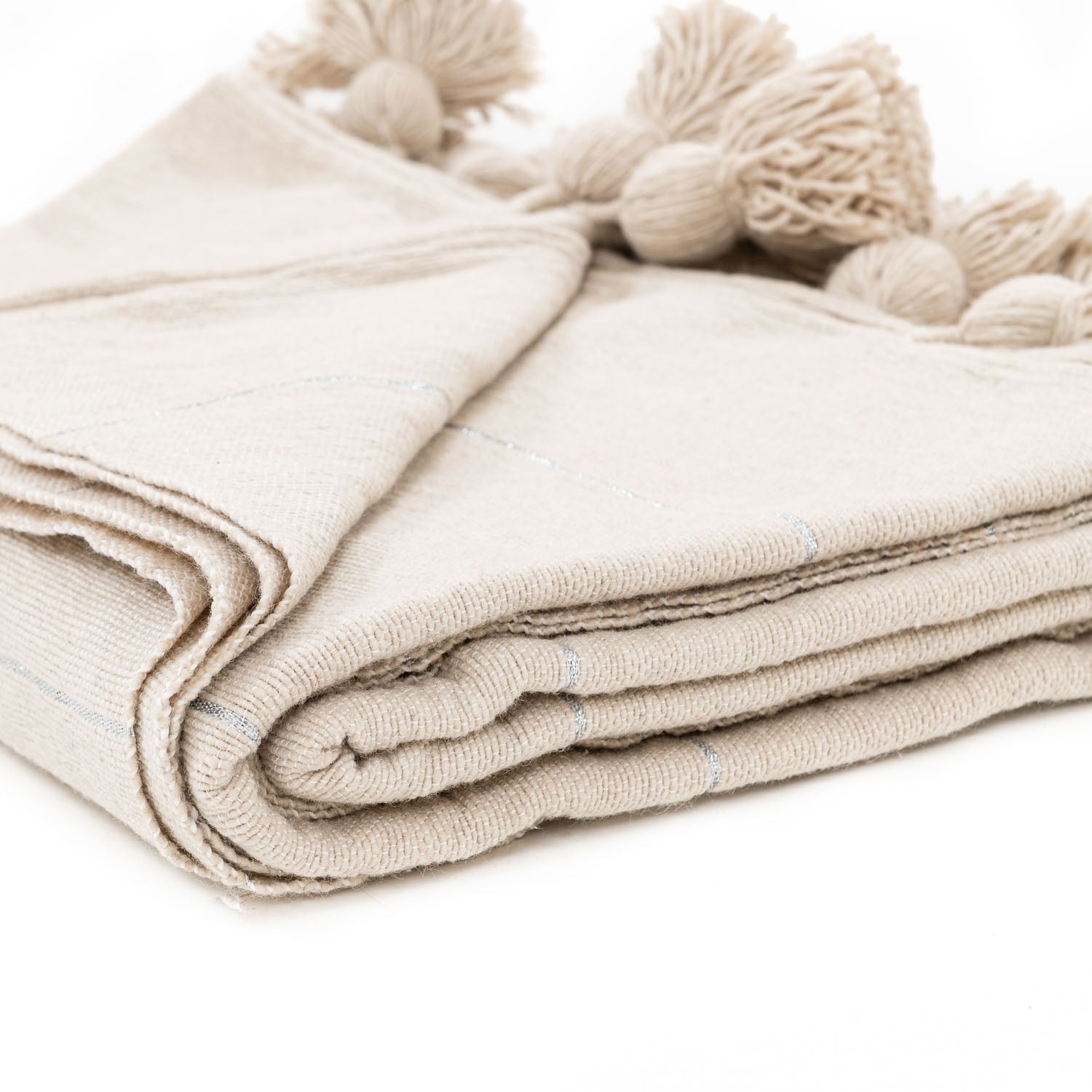 Plaid en laine à pompons crème argenté
