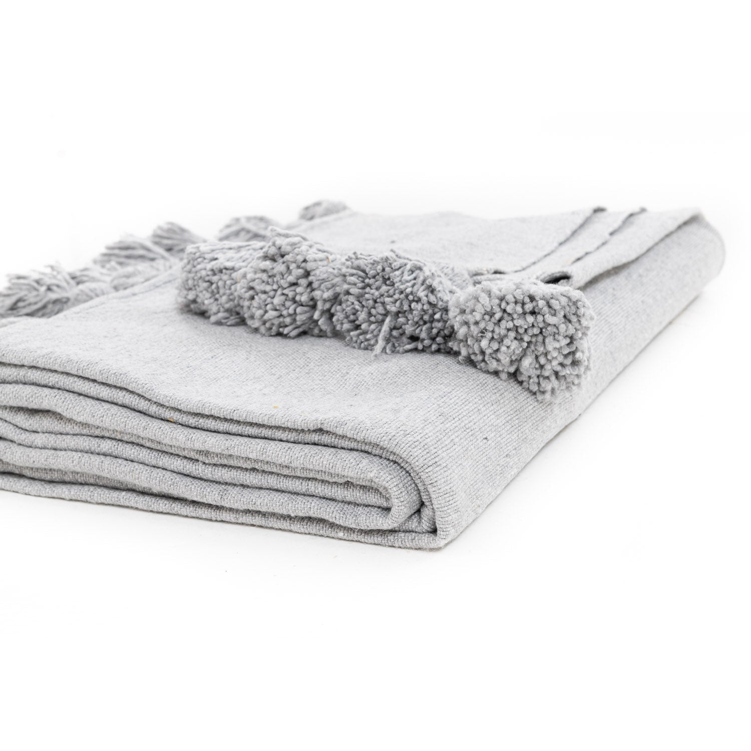Plaid en laine à pompons gris fait main