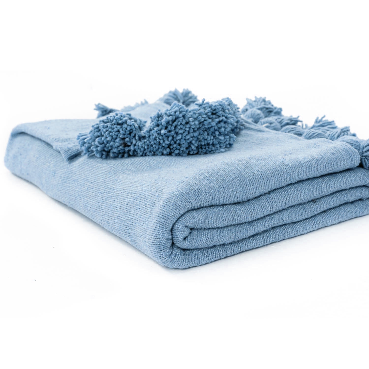 Plaid en laine à pompons bleu fait main