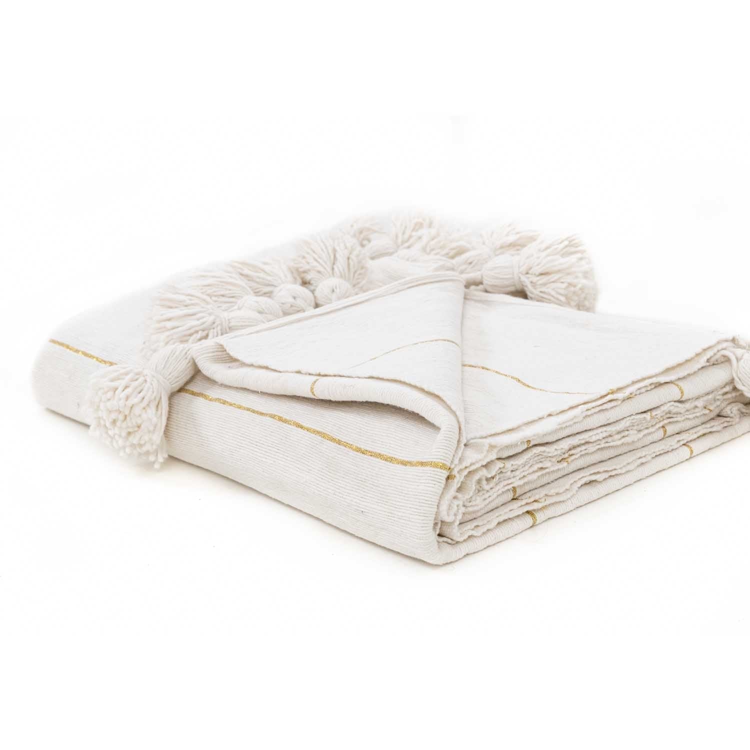 Plaid en laine à pompons blanc doré
