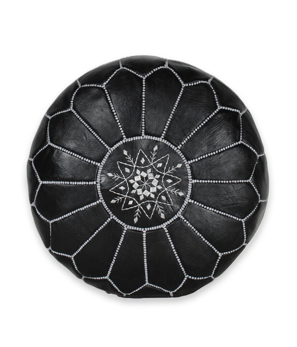 Pouf marocain en cuir fait main noir blanc