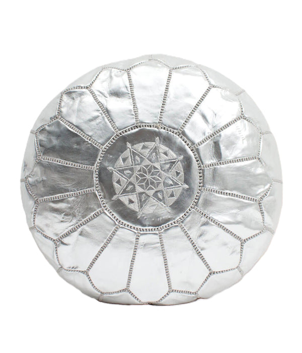 Pouf marocain en cuir argenté