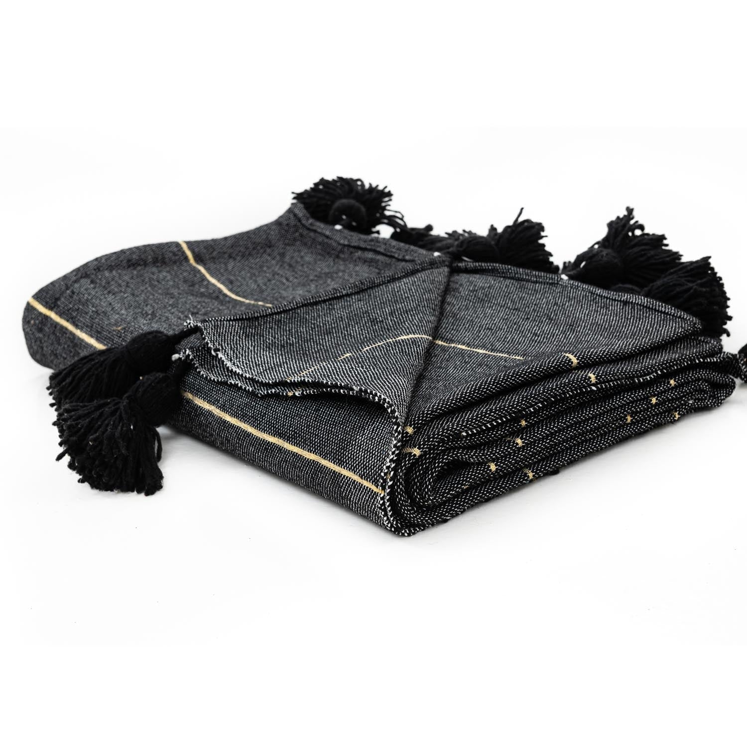 Plaid en laine à pompons noir doré
