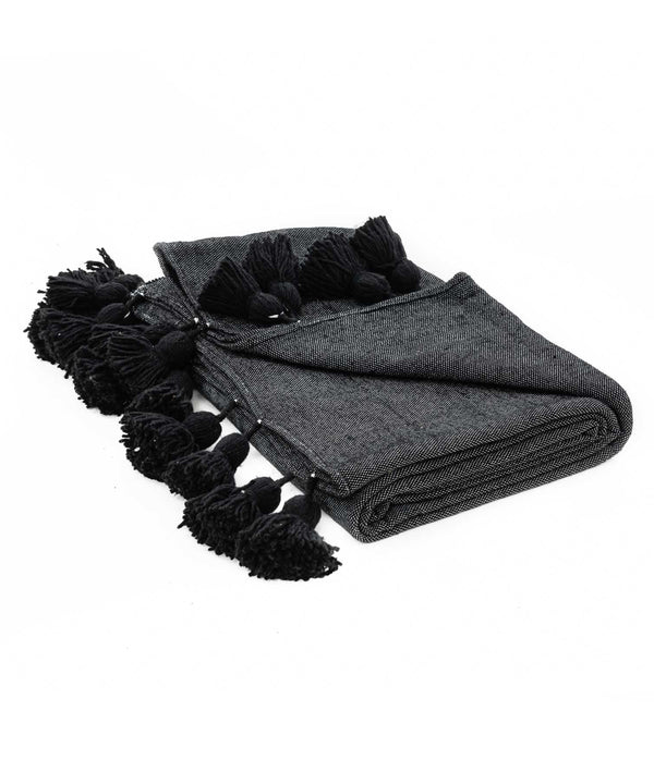 Plaid en laine à pompons noir fait main