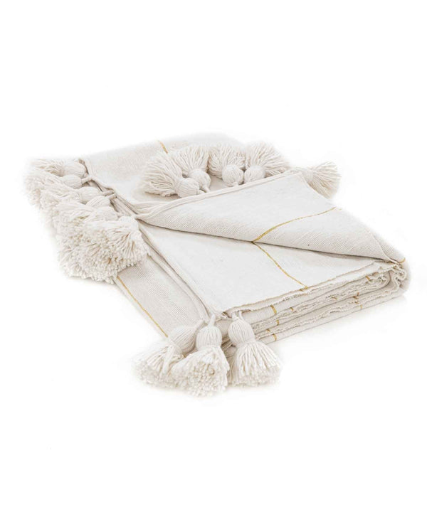 Plaid en laine à pompons blanc doré