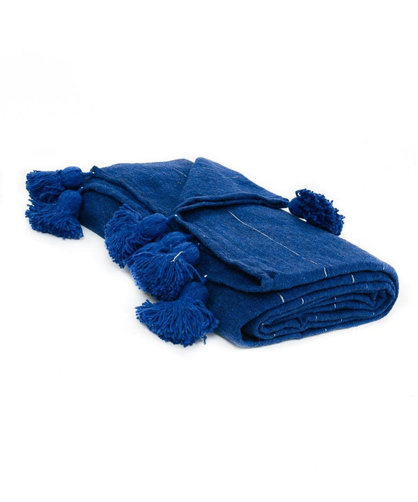 Plaid en laine à pompons bleu Majorelle