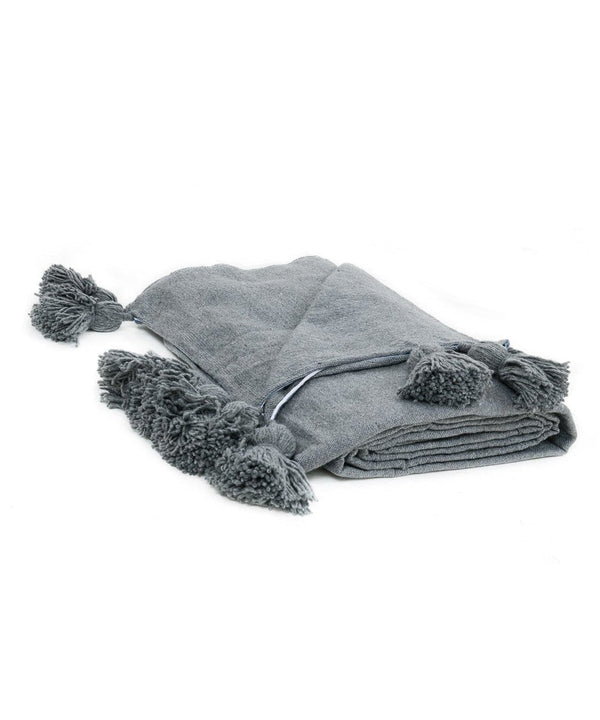 Plaid en laine à pompons gris foncé