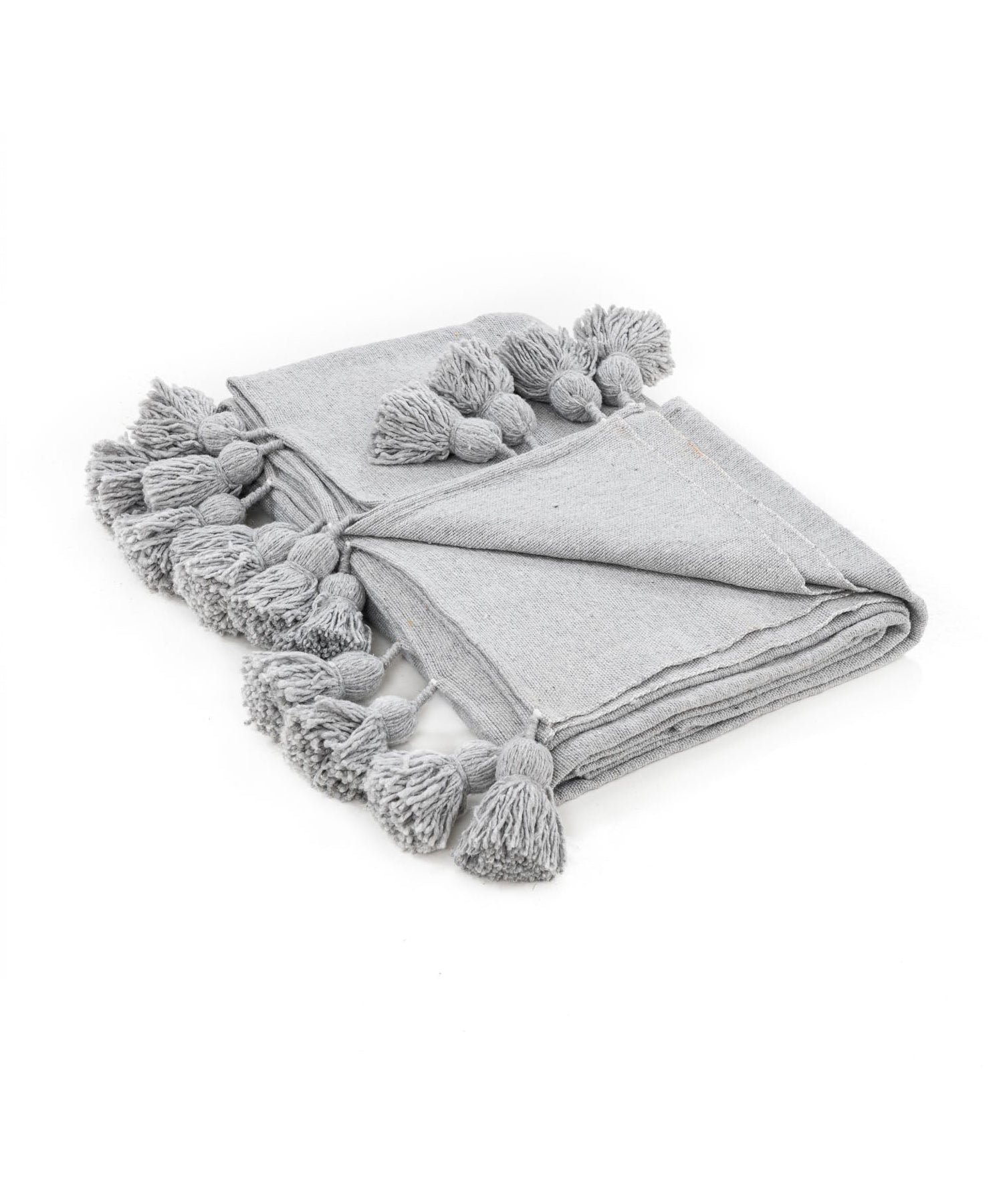 Plaid en laine à pompons gris fait main