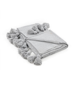 Plaid en laine à pompons gris fait main