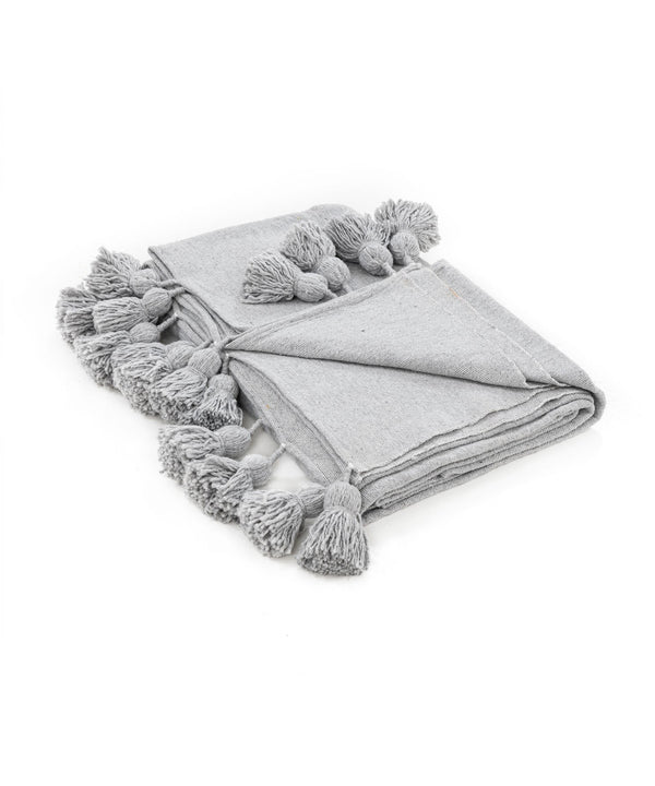Plaid en laine à pompons gris fait main