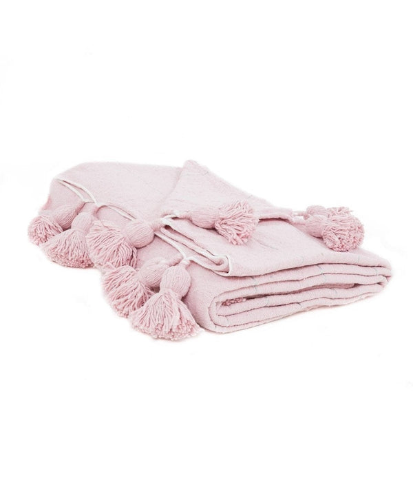 Plaid en laine à pompons rose fait main